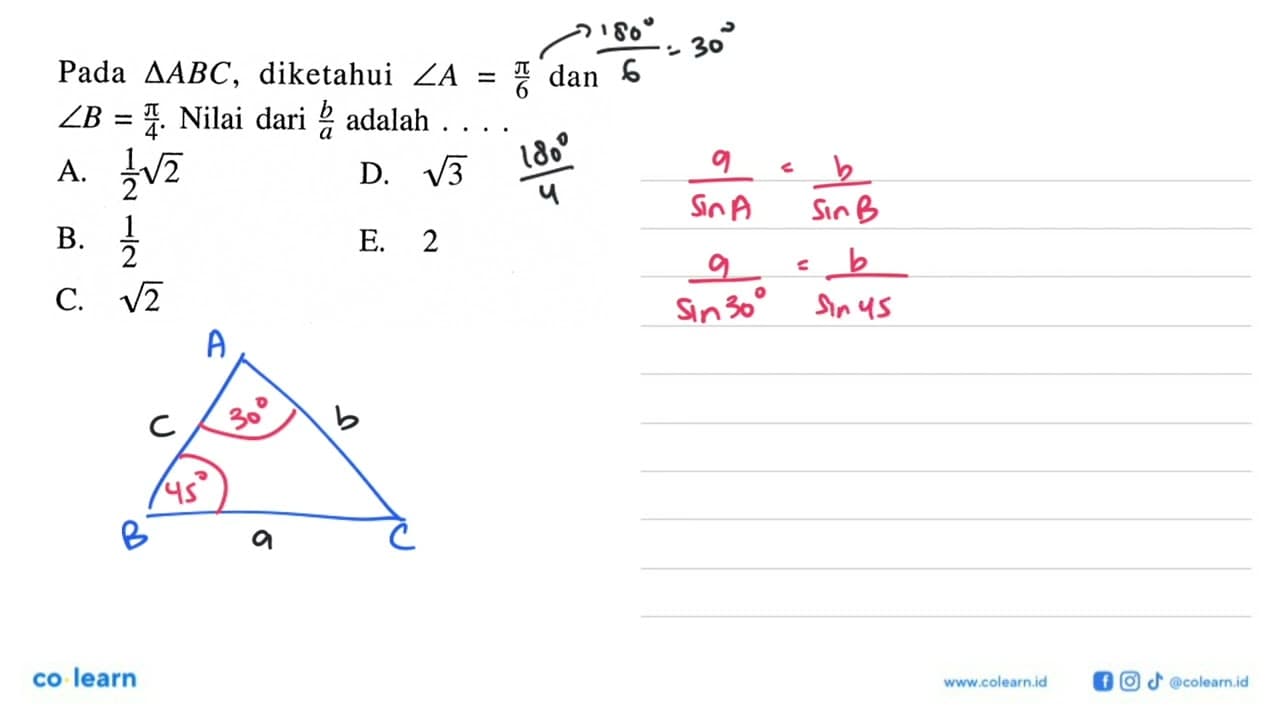 Pada segitiga ABC, diketahui sudut A=pi/6 dan sudut B=pi/4.