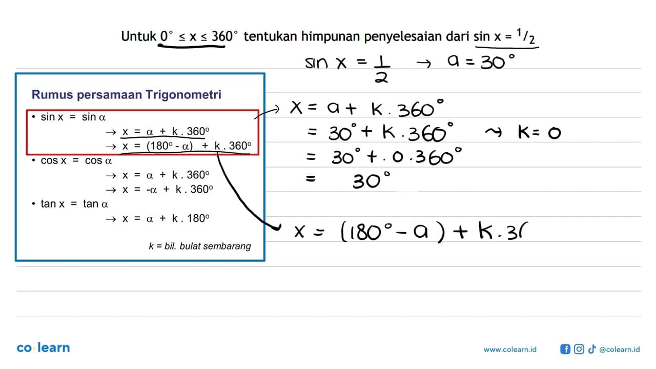 Untuk 0 <= x<= 360 tentukan himpunan penyelesaian dari sin