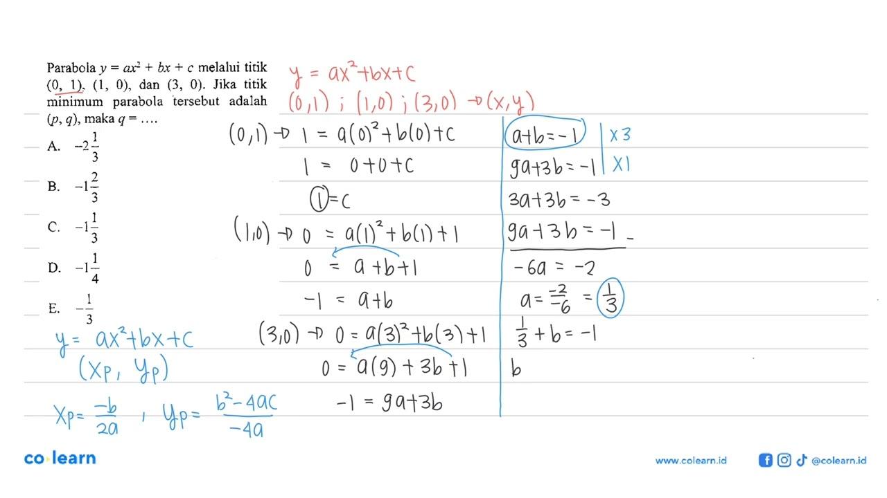 Parabola y=ax^2+bx+c melalui titik (0,1),(1,0), dan (3,0).