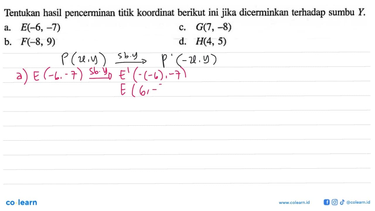 Tentukan hasil pencerminan titik koordinat berikut ini jika