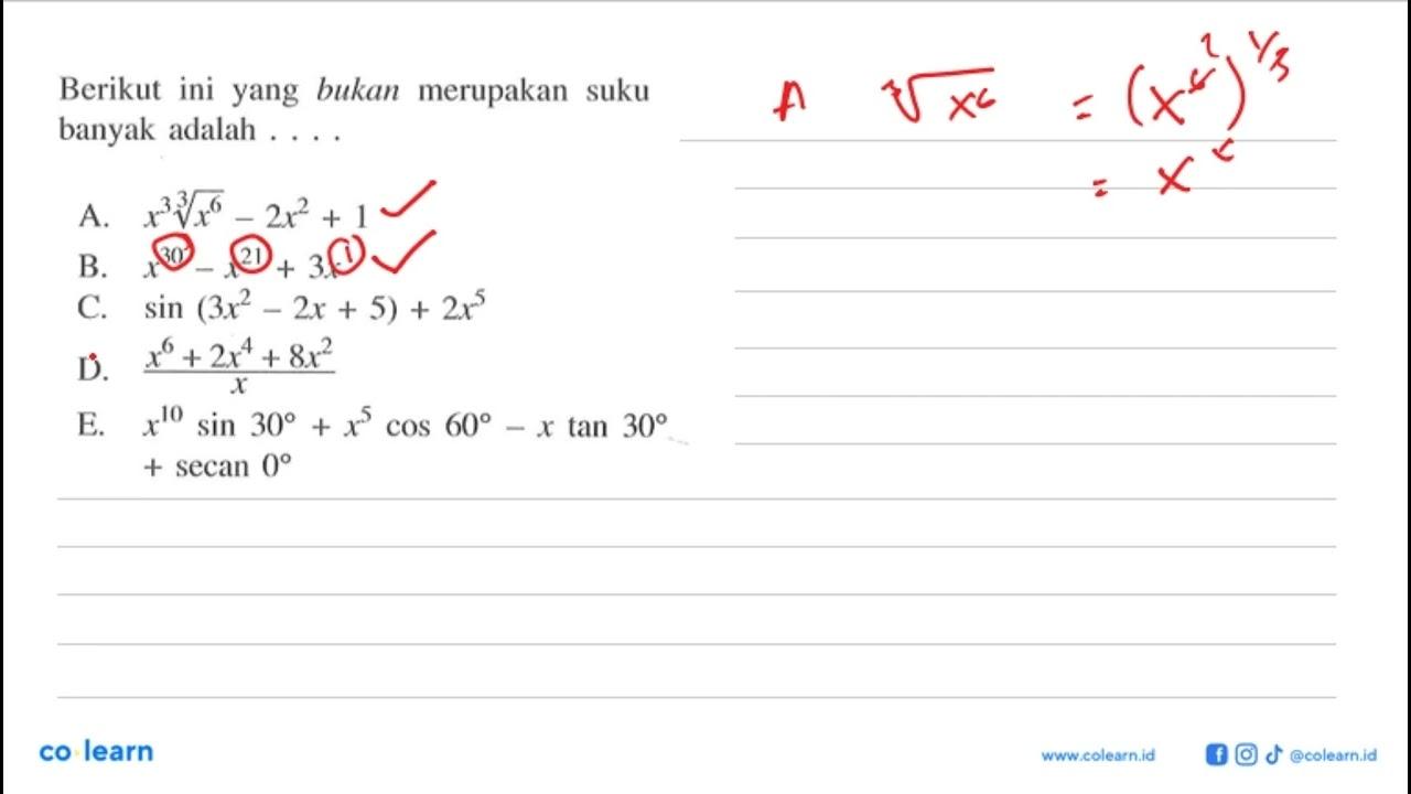 A. x^3 (x^6)^(1/3)-2x^2+1 B. x^30-x^21+3x C.