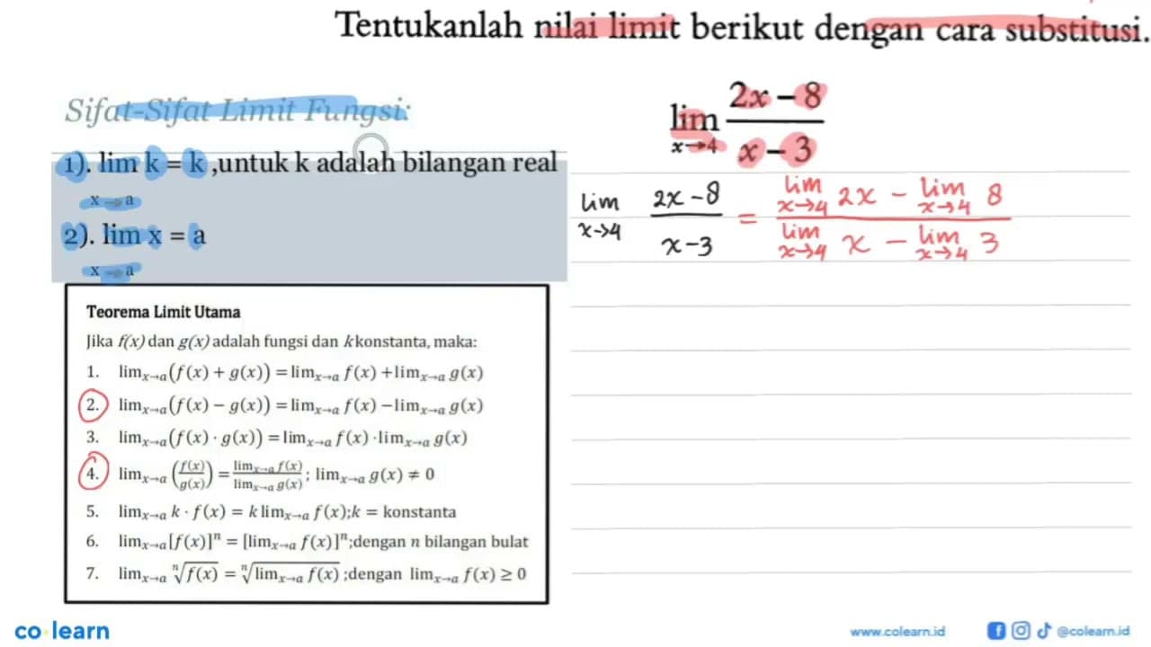 Tentukanlah nilai limit berikut dengan cara substitusi.lim