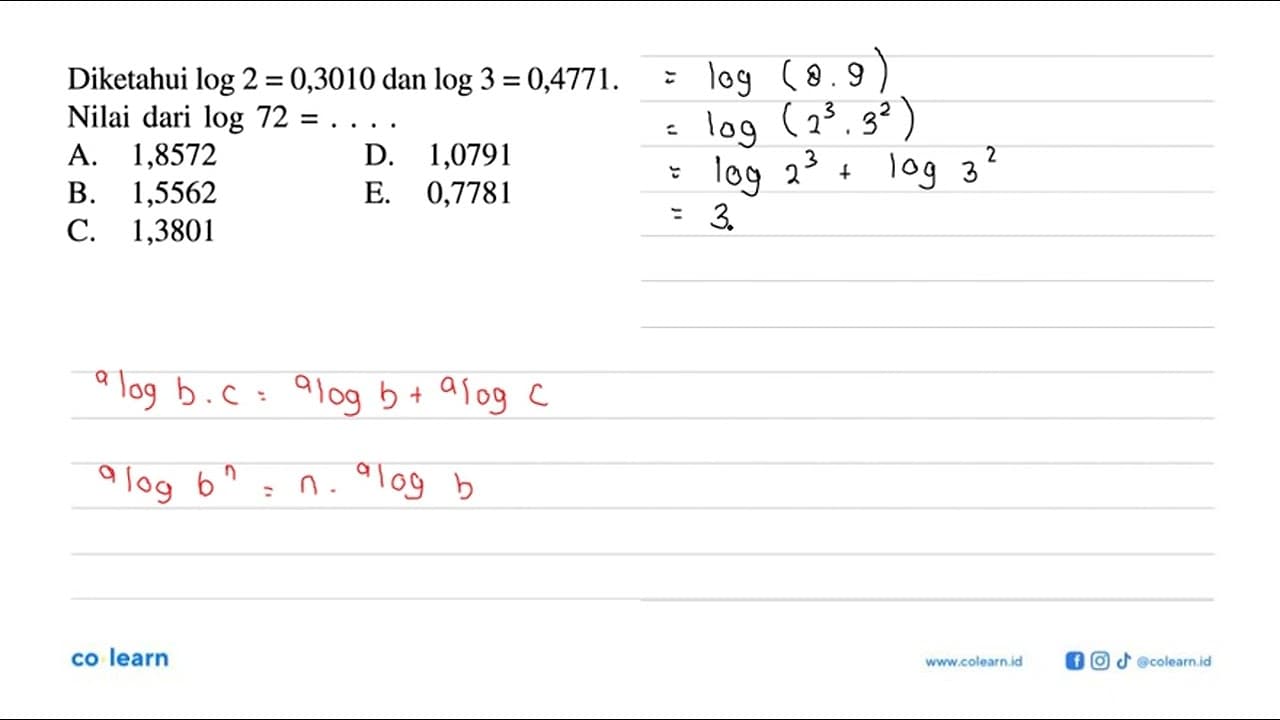 Diketahui log2=0,3010 dan log3=0,4771. Nilai dari