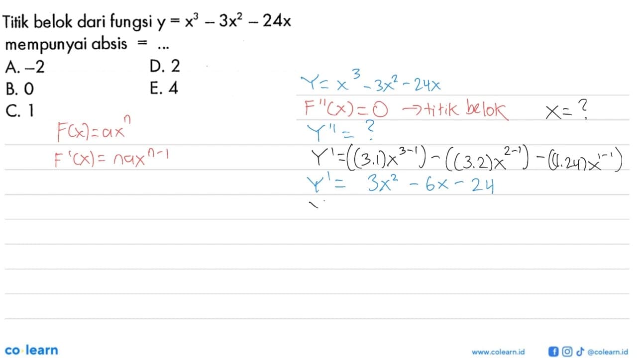 Titik belok dari fungsi y=x^3-3x^2-24x mempunyai absis