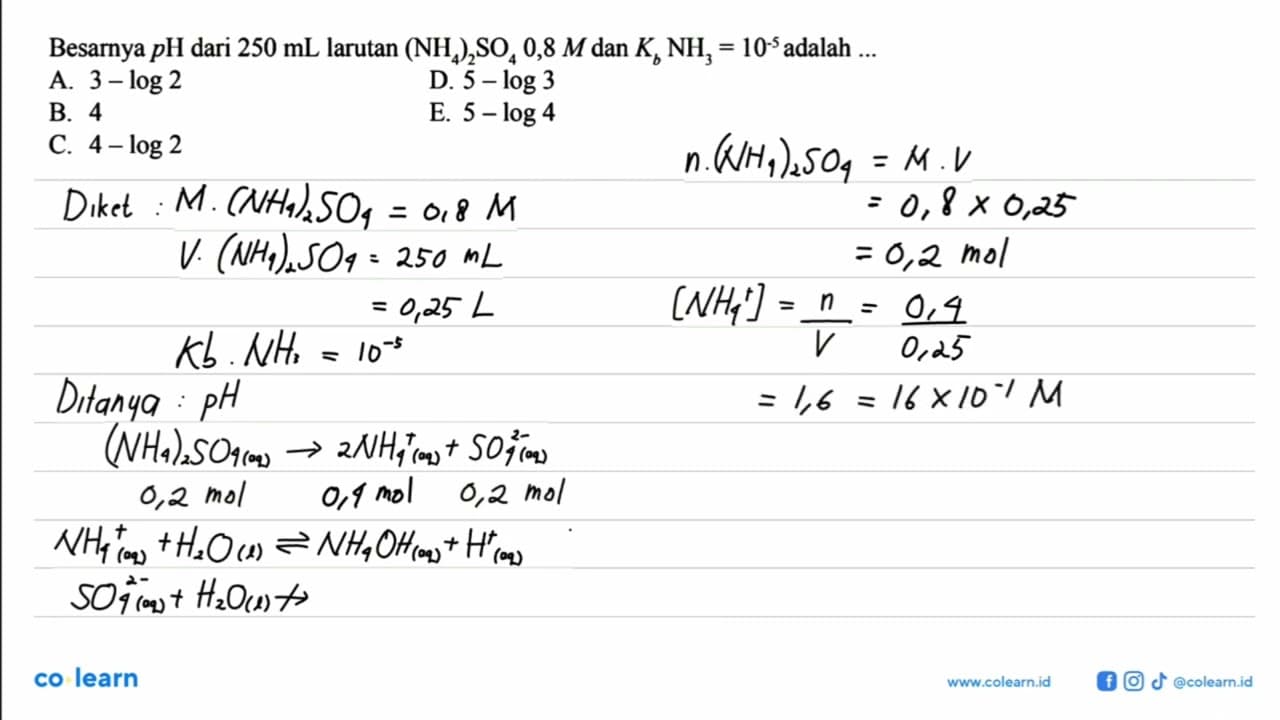 Besarnya pH dari 250 mL larutan (NH4)2SO4 0,8 M dan Kb