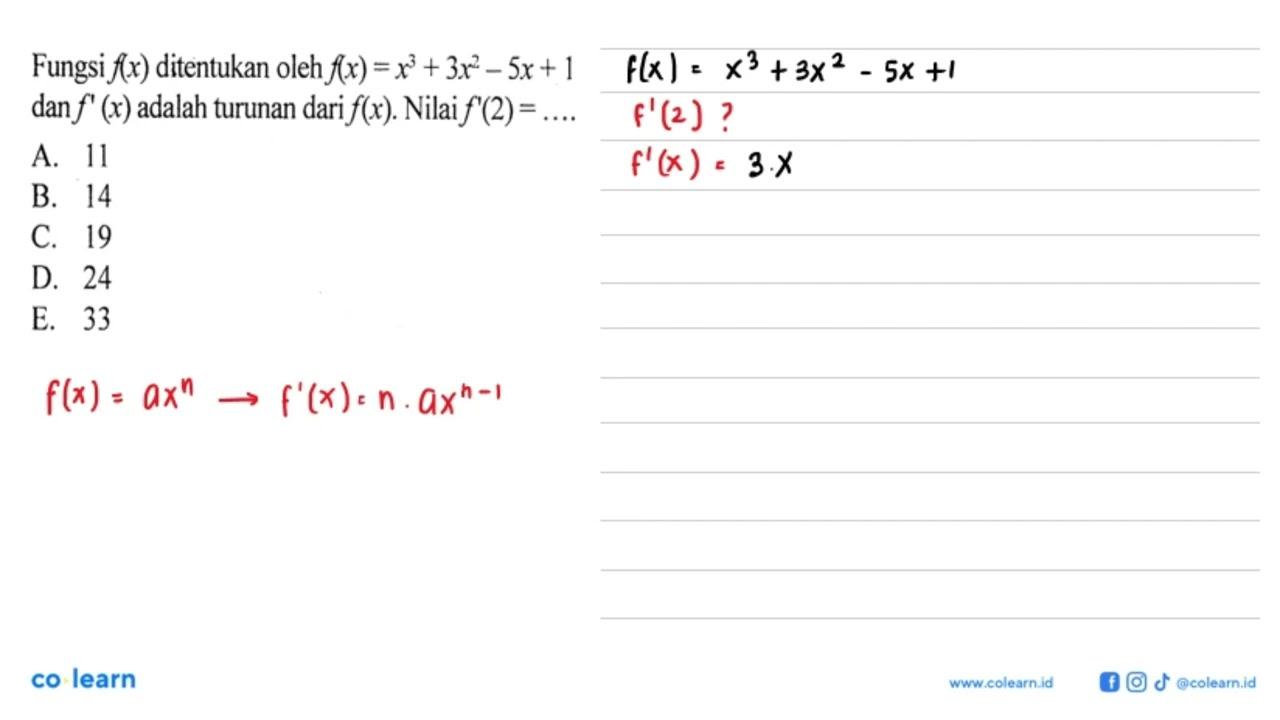 Fungsi f(x) ditentukan oleh f(x)=x^3+3x^2-5x+1 dan f'(x)