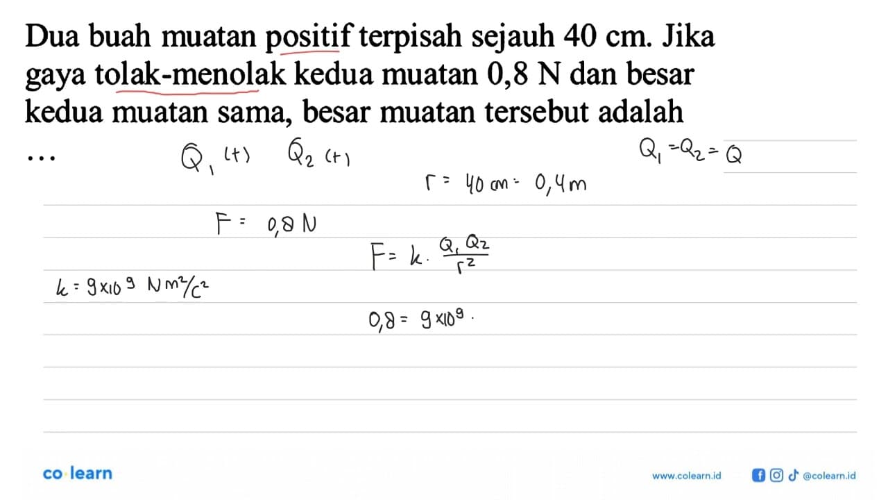 Dua buah muatan positif terpisah sejauh 40 cm. Jika gaya