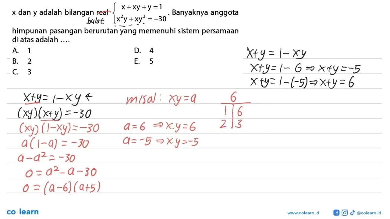 x dan y adalah bilangan real Banyaknya anggota x+xy+y=1