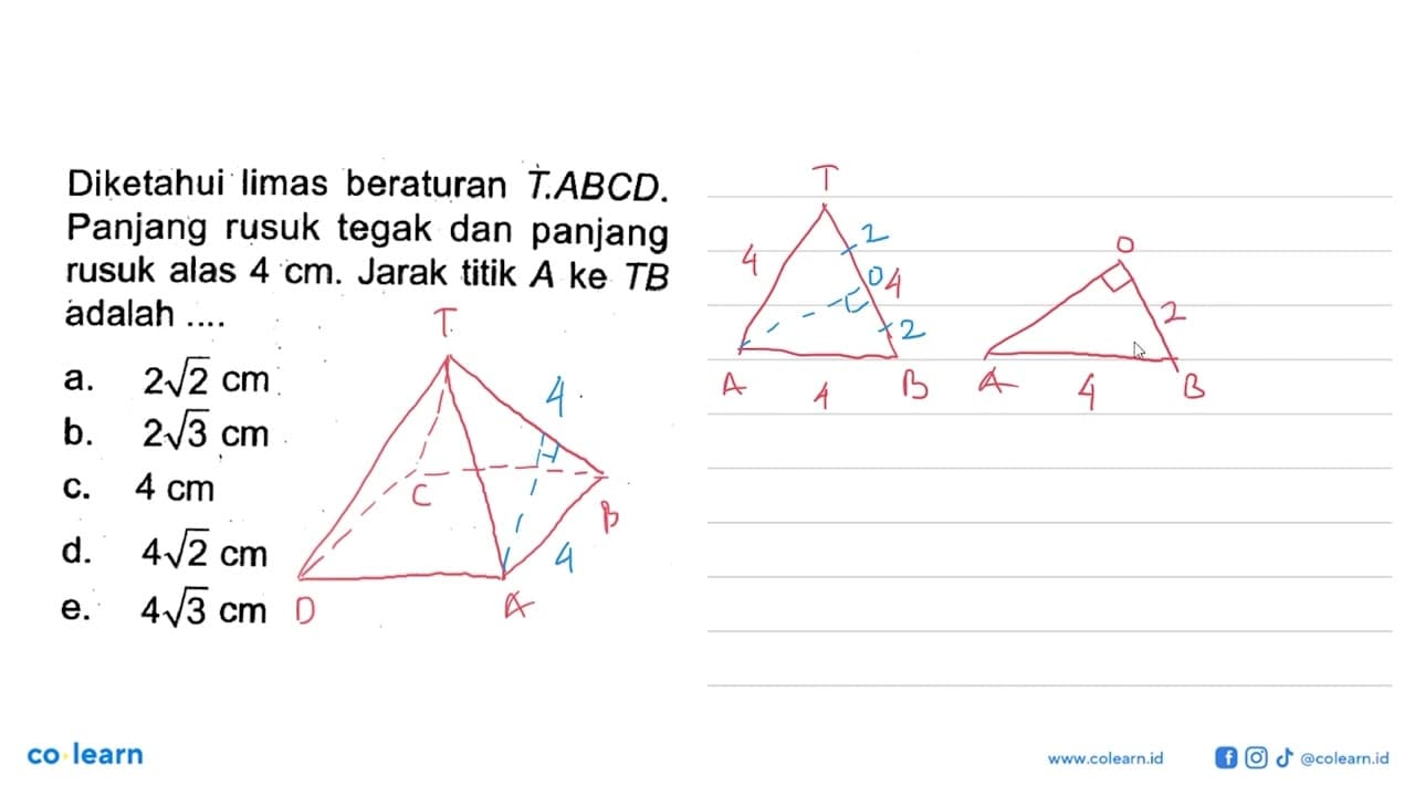 Diketahui limas beraturan T.ABCD. Panjang rusuk tegak dan