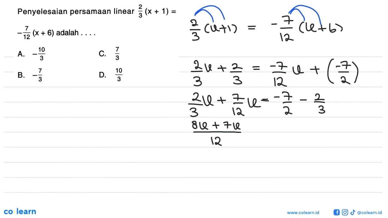 Penyelesaian persamaan linear (2/3)(x + 1) = -7/12(x + 6)