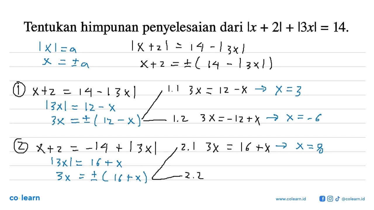 Tentukan himpunan penyelesaian dari |x+2|+|3x|=14.