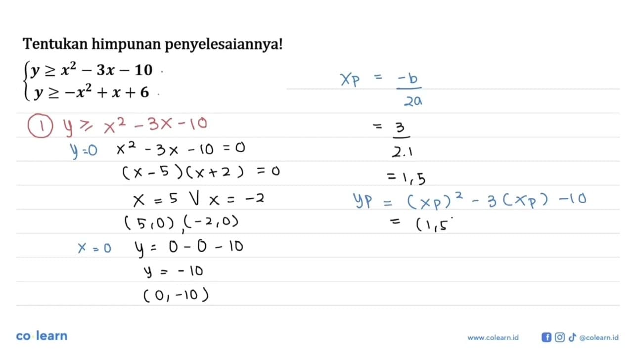 Tentukan himpunan penyelesaiannya! y>=x^2-3x-10 y>=-x^2+x+6