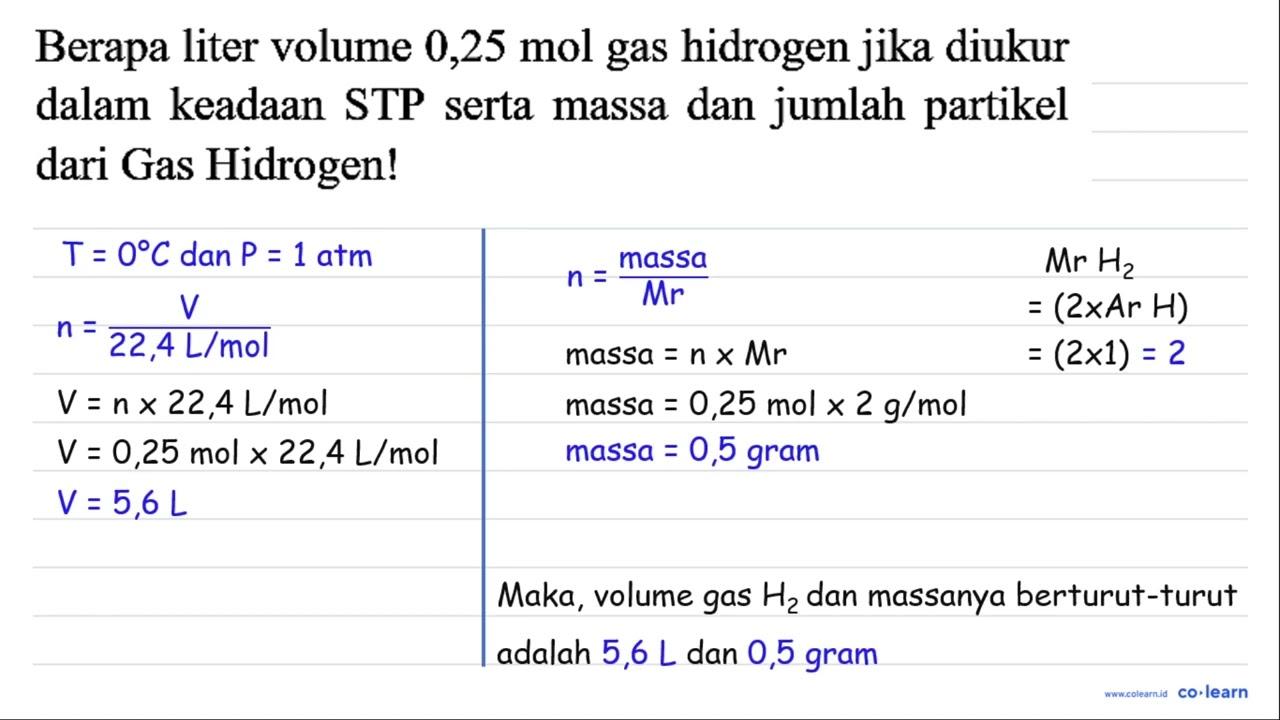 Berapa liter volume 0,25 mol gas hidrogen jika diukur dalam