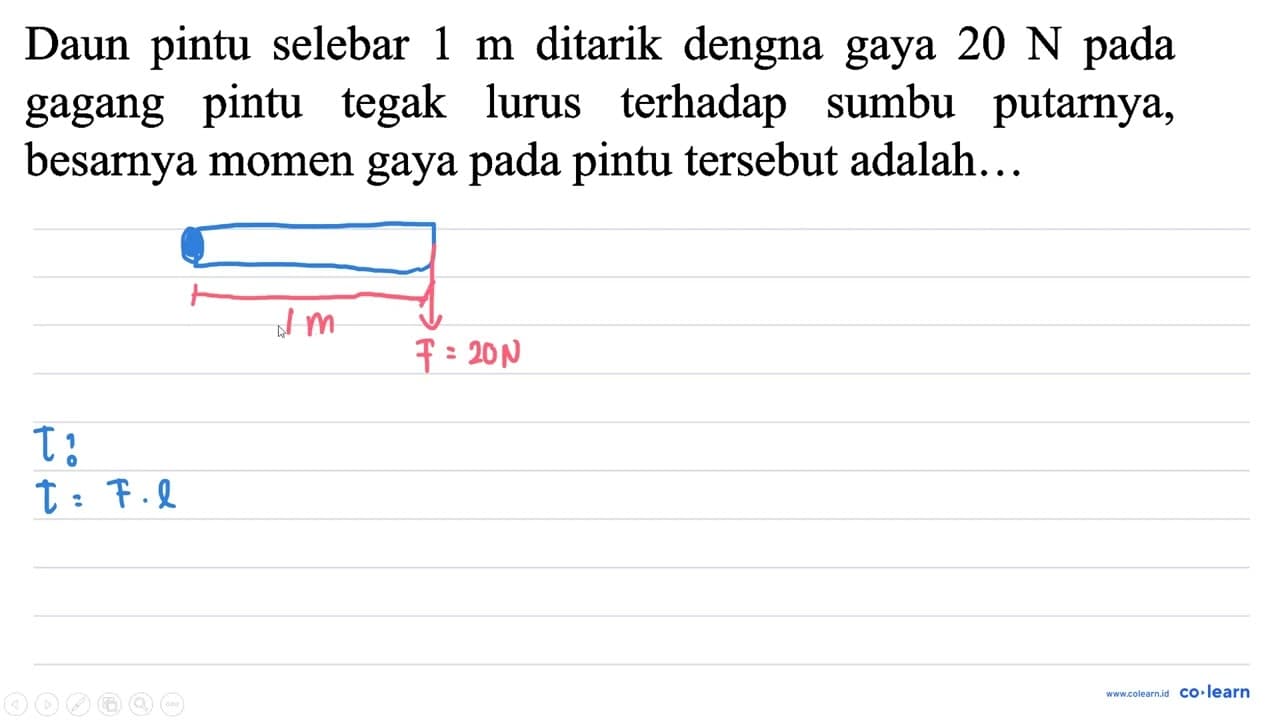 Daun pintu selebar 1 m ditarik dengna gaya 20 N pada gagang