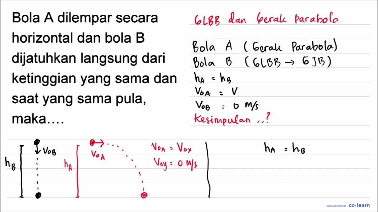 Bola A dilempar secara horizontal dan bola B dijatuhkan