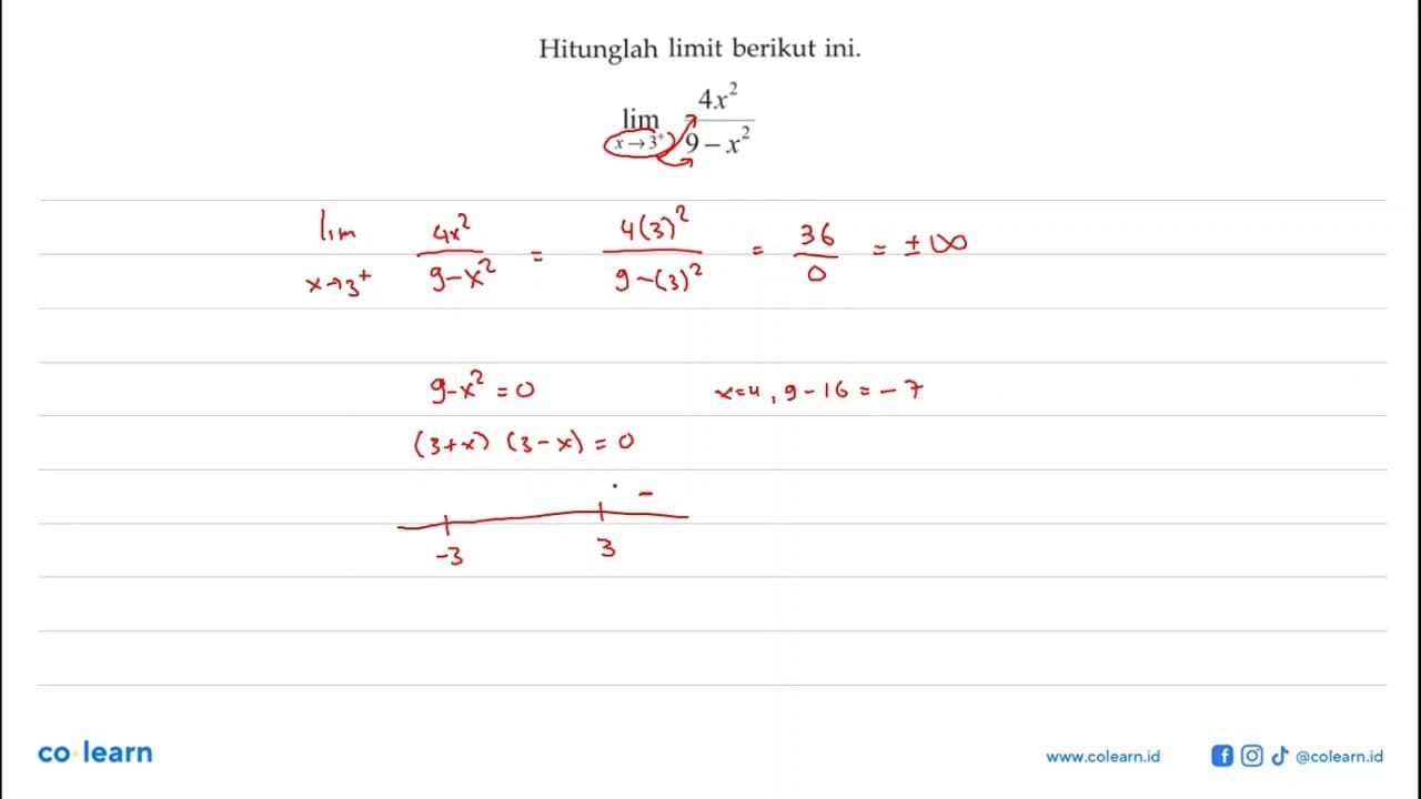 Hitunglah limit berikut ini.limit x->3^+ 4x^2/(9-x^2)