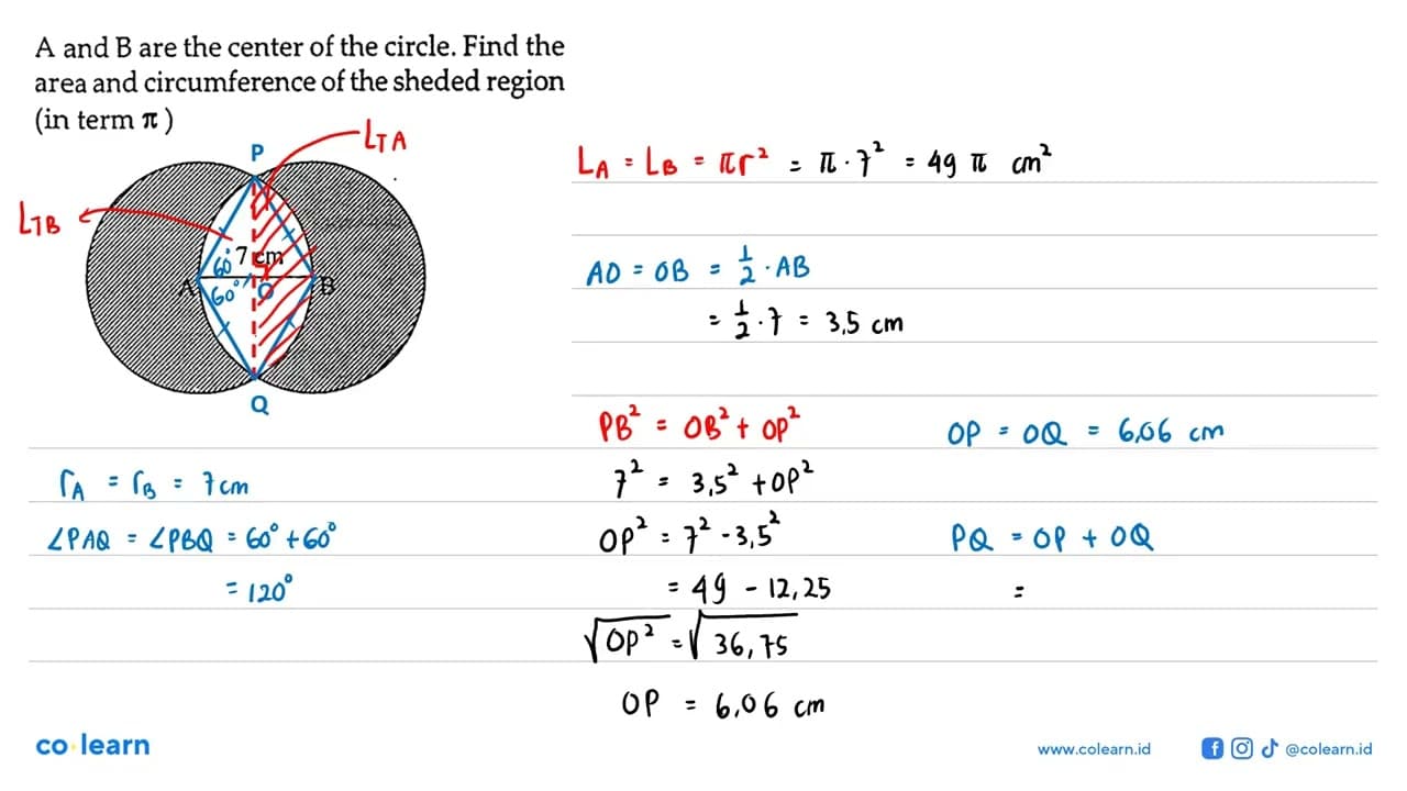 A and B are the center of the circle. Find the area and