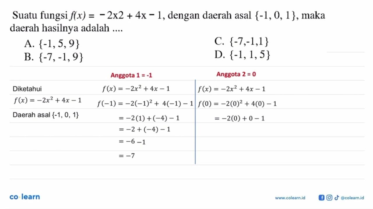 Suatu fungsi f(x) = -2x^2 + 4x - 1, dengan daerah asal {-1,