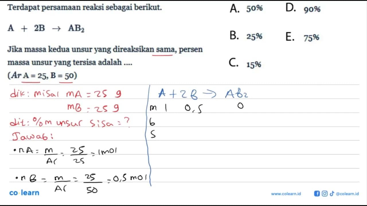 Terdapat persamaan reaksi sebagai berikut. A + 2B -> AB2