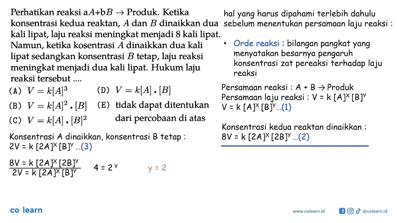 Perhatikan reaksi a A+b B -> Produk. Ketika konsentrasi