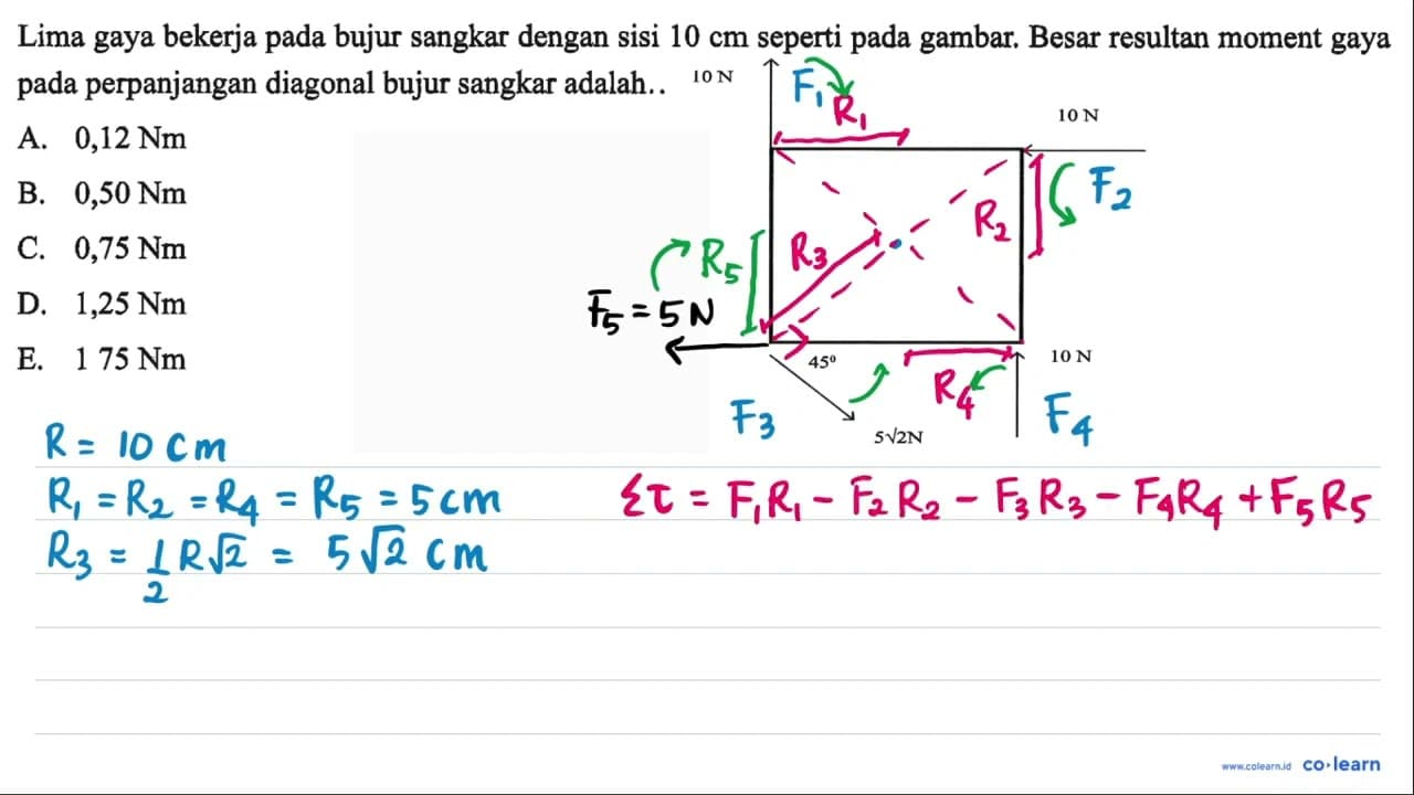 Lima gaya bekerja pada bujur sangkar dengan sisi 10 cm