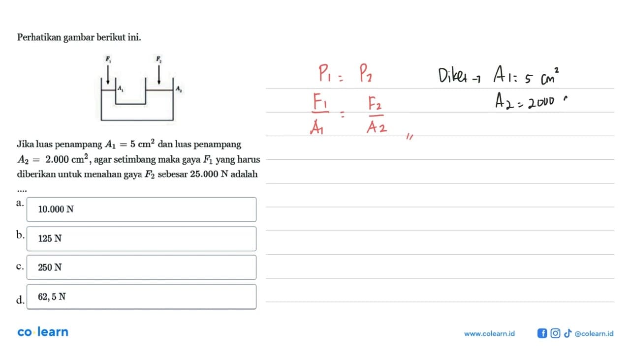 Perhatikan gambar berikut ini.Jika luas penampang A1=5 cm^2