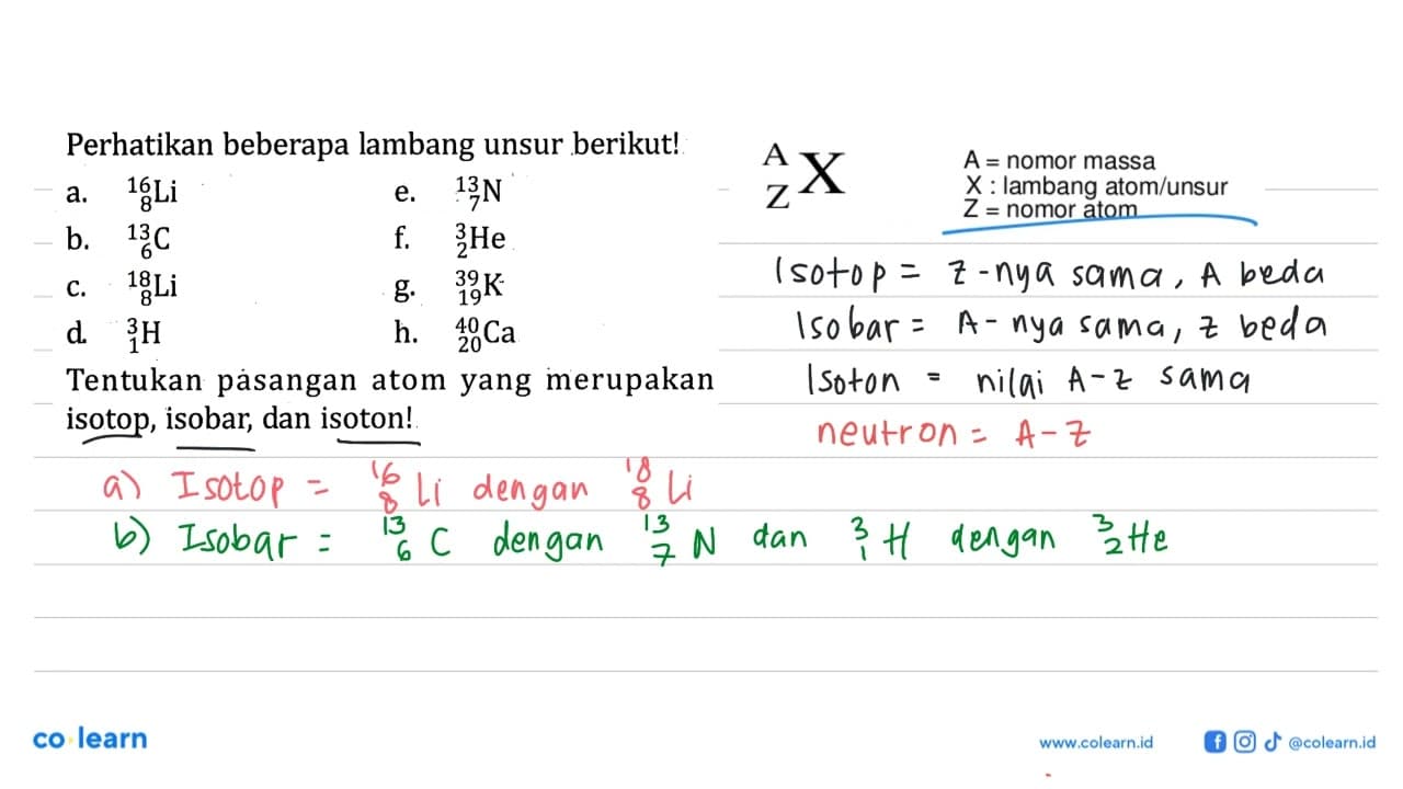 Perhatikan beberapa lambang unsur berikut! a. 16 8 Li e. 13