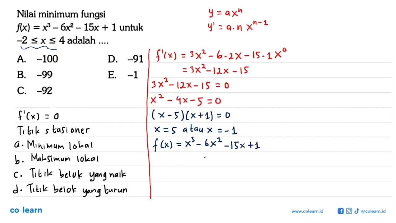 Nilai minimum fungsi f(x)=x^3-6x^2-15x+1 untuk -2 <= x <= 4