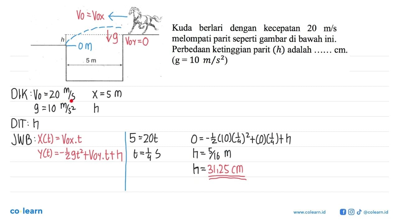 Kuda berlari dengan kecepatan 20 m/s melompati parit