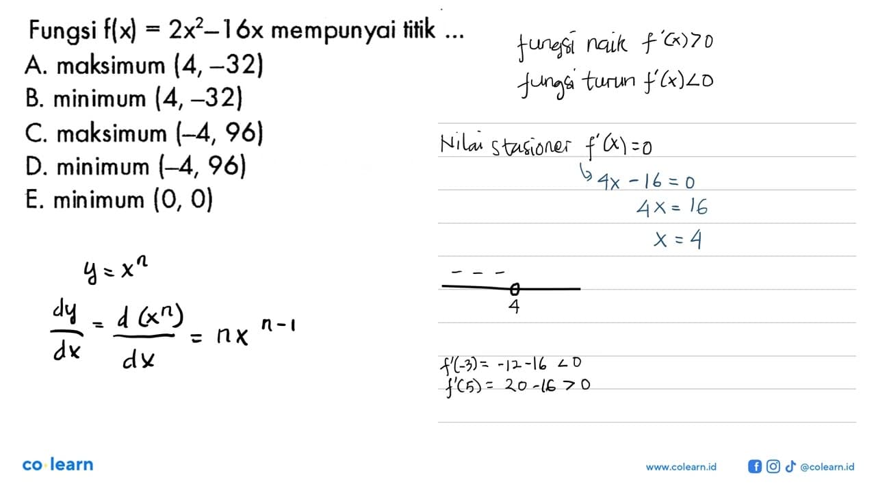 Fungsi f(x)=2x^2-16x mempunyai tifik ...A. maksimum (4,-32)