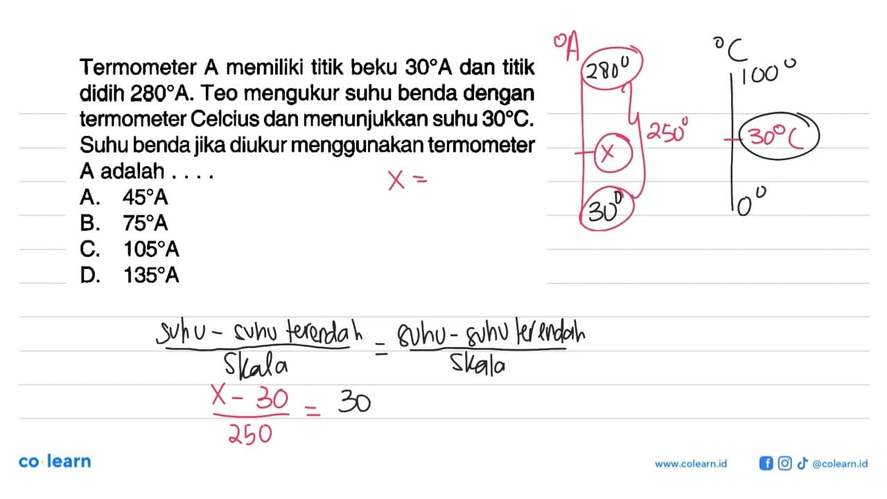 Termometer A memiliki titik beku 30 A dan titik didih 280