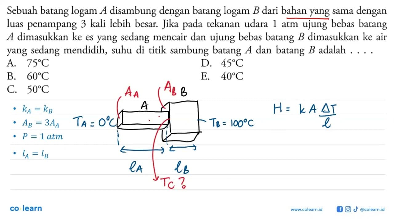 Sebuah batang logam A disambung dengan batang logam B dari