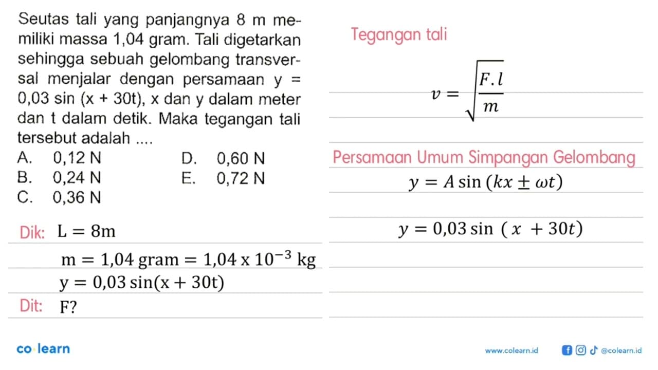 Seutas tali yang panjangnya 8 m me-miliki massa 1,04 gram.