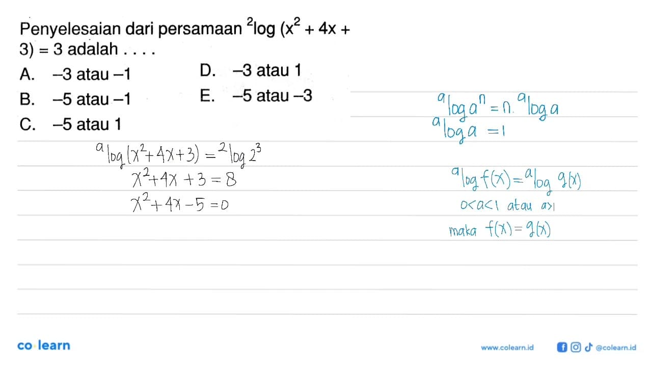 Penyelesaian dari persamaan 2 log(x^2+4x+3) adalah....