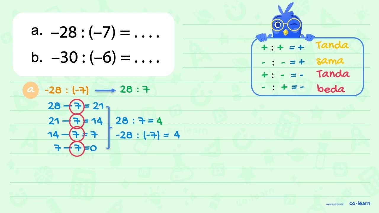 a. -28 : (-7) = ... b. -30:(-6) = ....