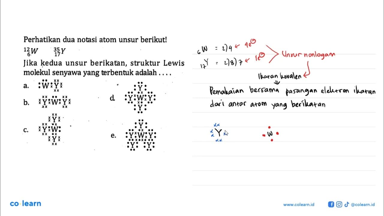 Perhatikan dua notasi atom berikut! 12 6 W 35 17 Y Jika