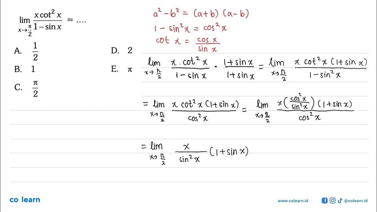 limit x->pi/2 (x cot^2(x))/(1-sin x)=...