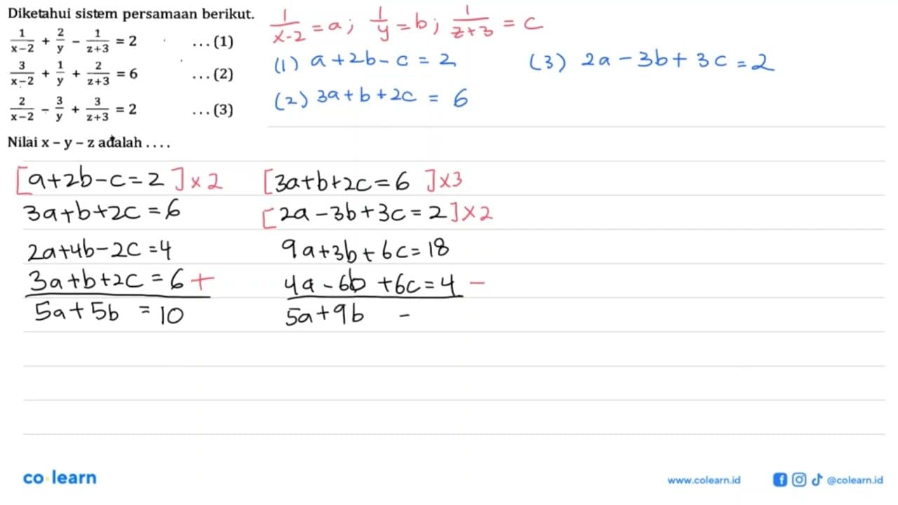 Diketahui sistem persamaan berikut. 1/(x-2) + 2/y - 1/(z+3)