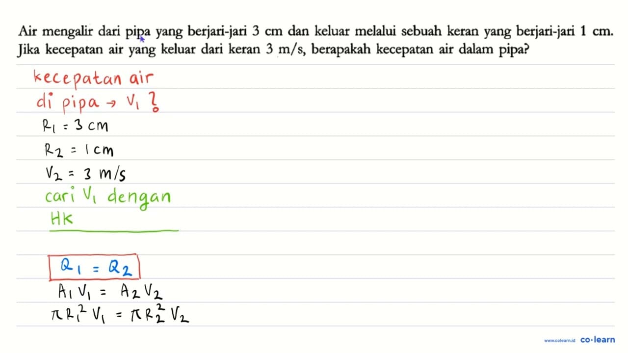 Air mengalir dari pipa yang berjari-jari 3 cm dan keluar