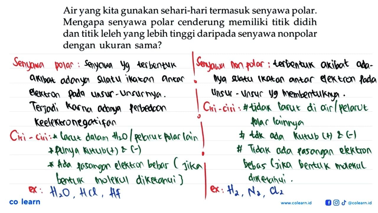 Air yang kita gunakan sehari-hari termasuk senyawa polar.