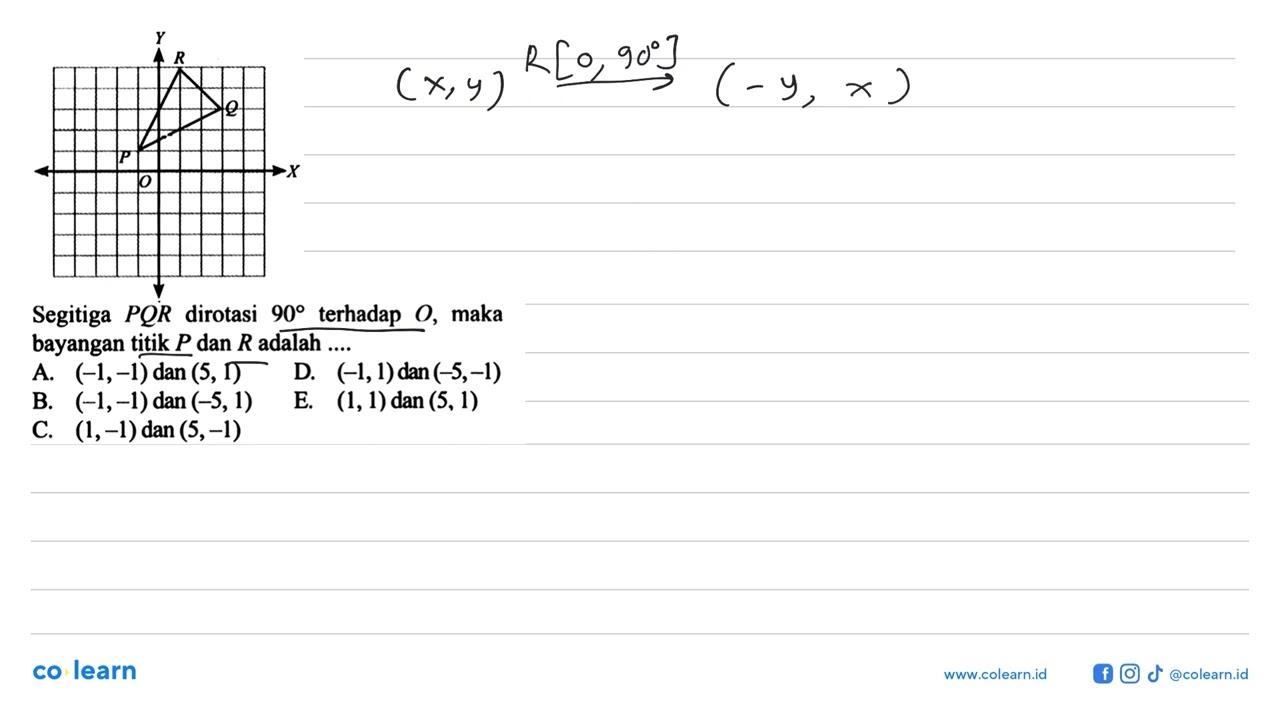 Segitiga PQR dirotasi 90 terhadap O, maka bayangan titik P