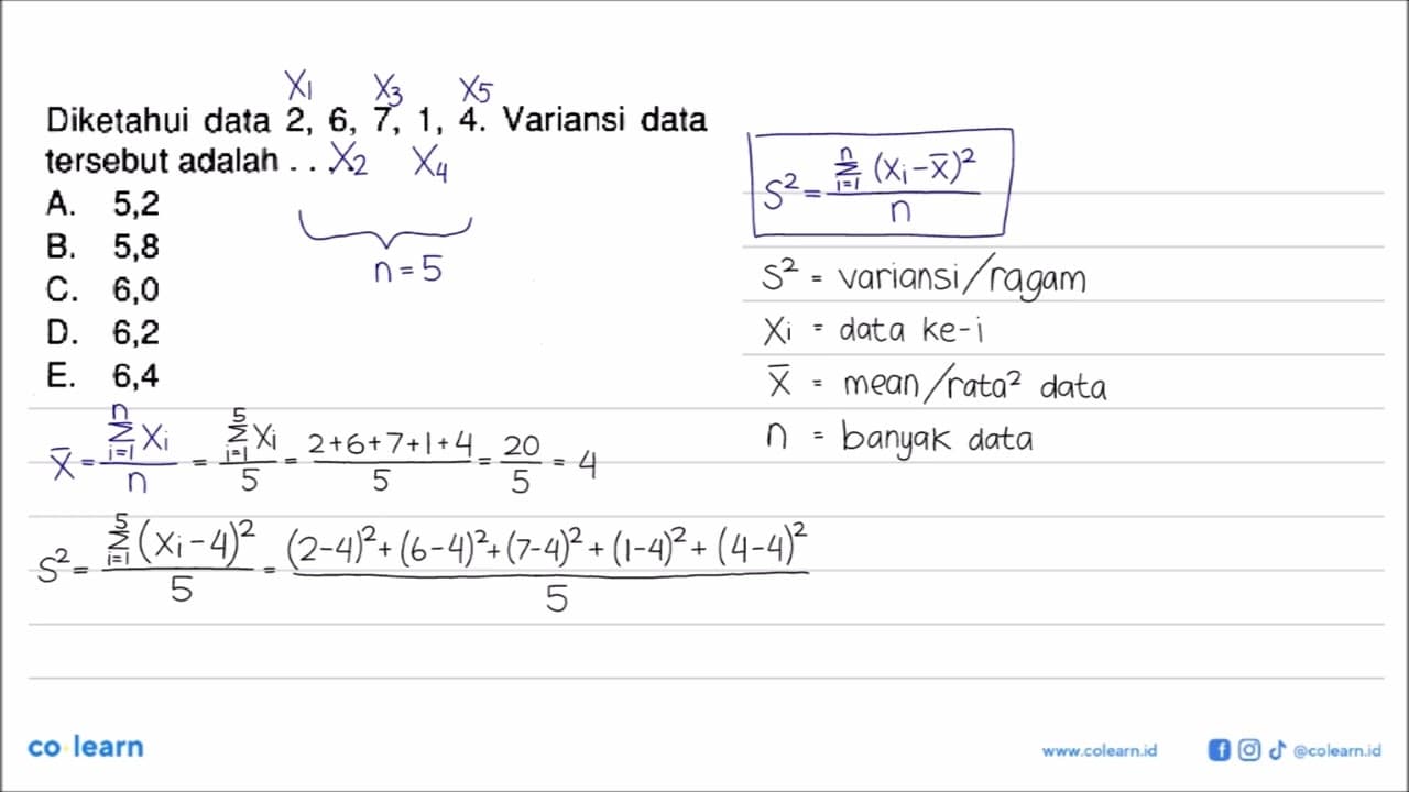 Diketahui data 2, 6, 7, 1, 4. Variansi data tersebut adalah