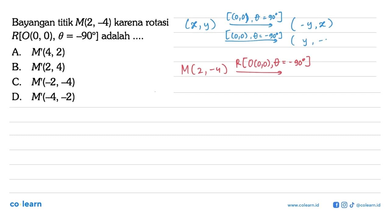 Bayangan titik M(2,-4) karena rotasi R[O(0,0), theta=-90]