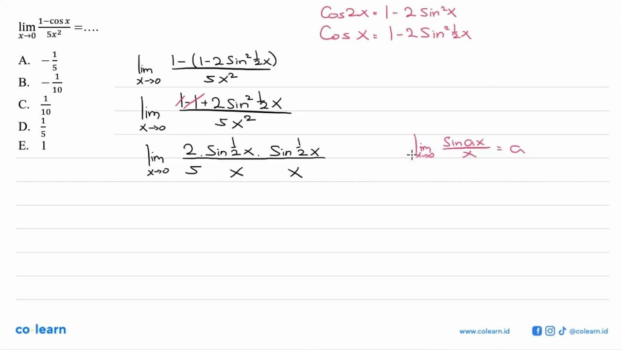 limit x -> 0 (1-cosx)/5x^2=....