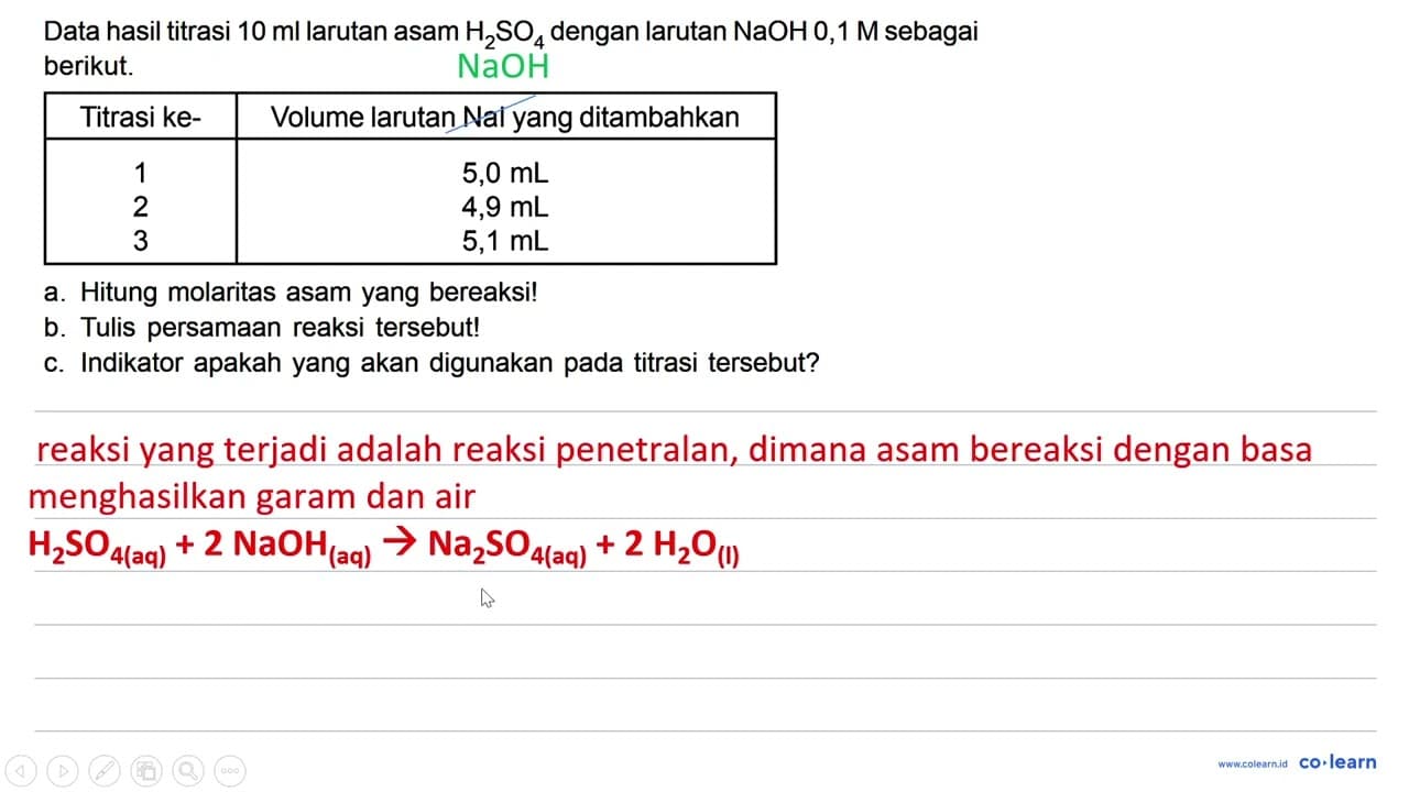 Data hasil titrasi 10 ml larutan asam H2SO4 dengan larutan