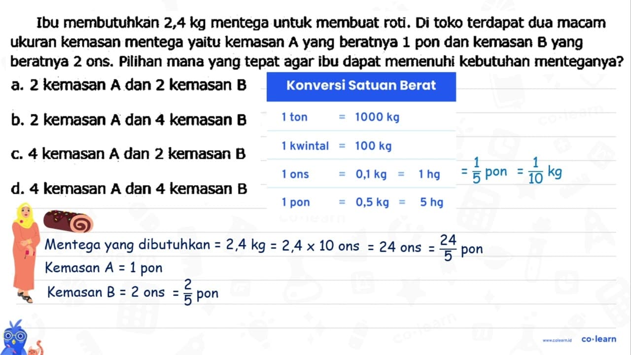 Ibu membutuhkan 2,4 kg mentega untuk membuat roti. Di toko