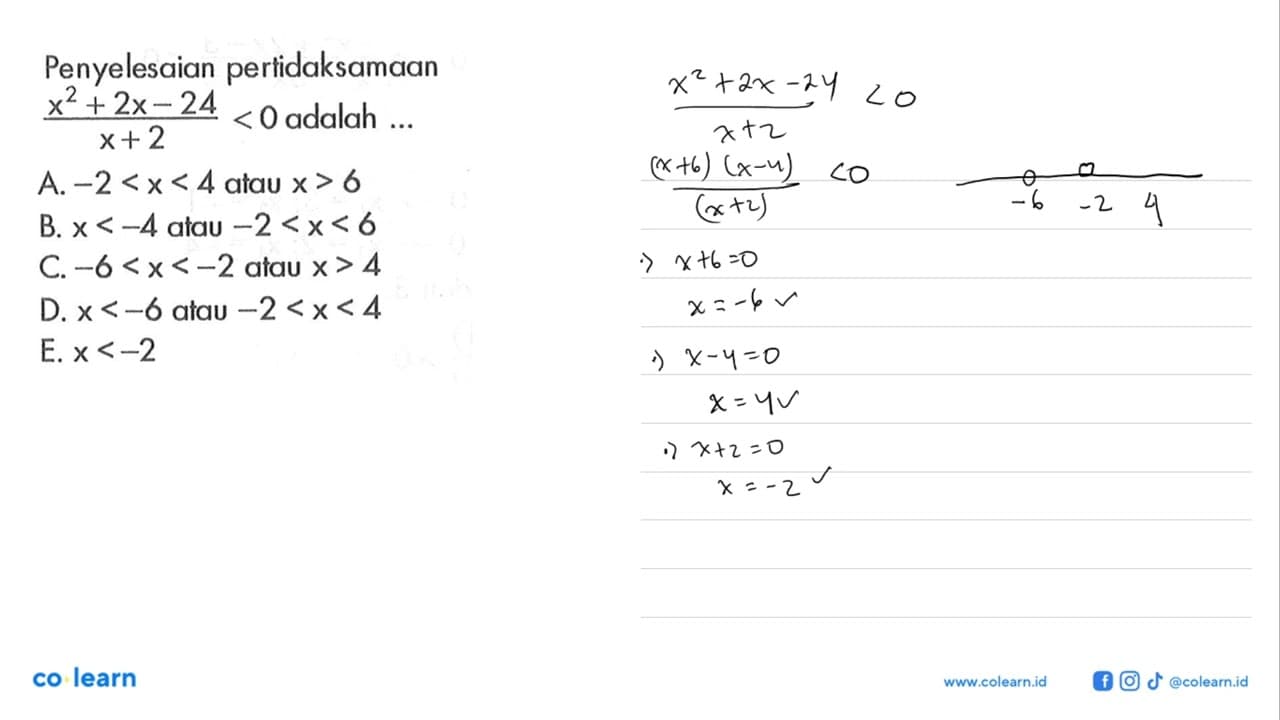 Penyelesaian pertidaksamaan (x^2+2x-24)/(x+2)<0 adalah ...