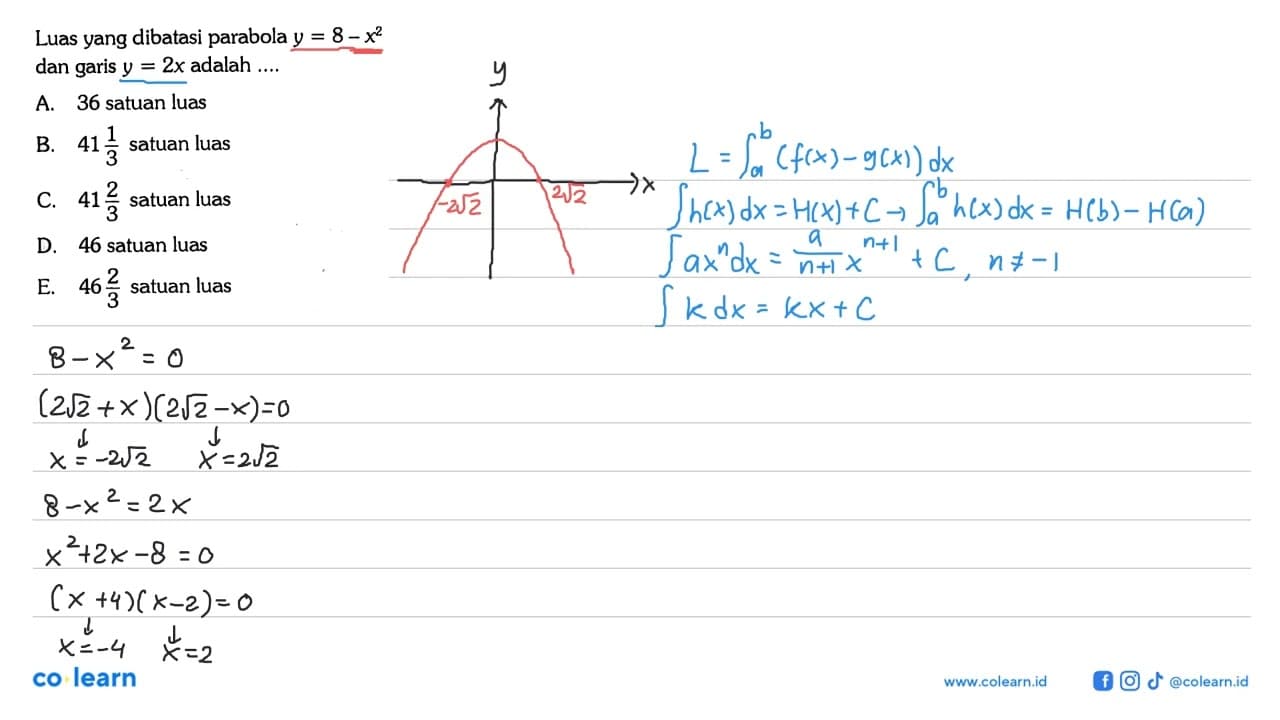 Luas yang dibatasi parabola y=8-x^2 dan garis y=2x adalah