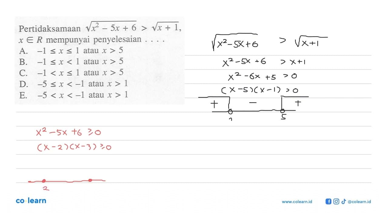 Pertidaksamaan akar(x^2-5x+6)>akar(x+1) x e R mempunyai