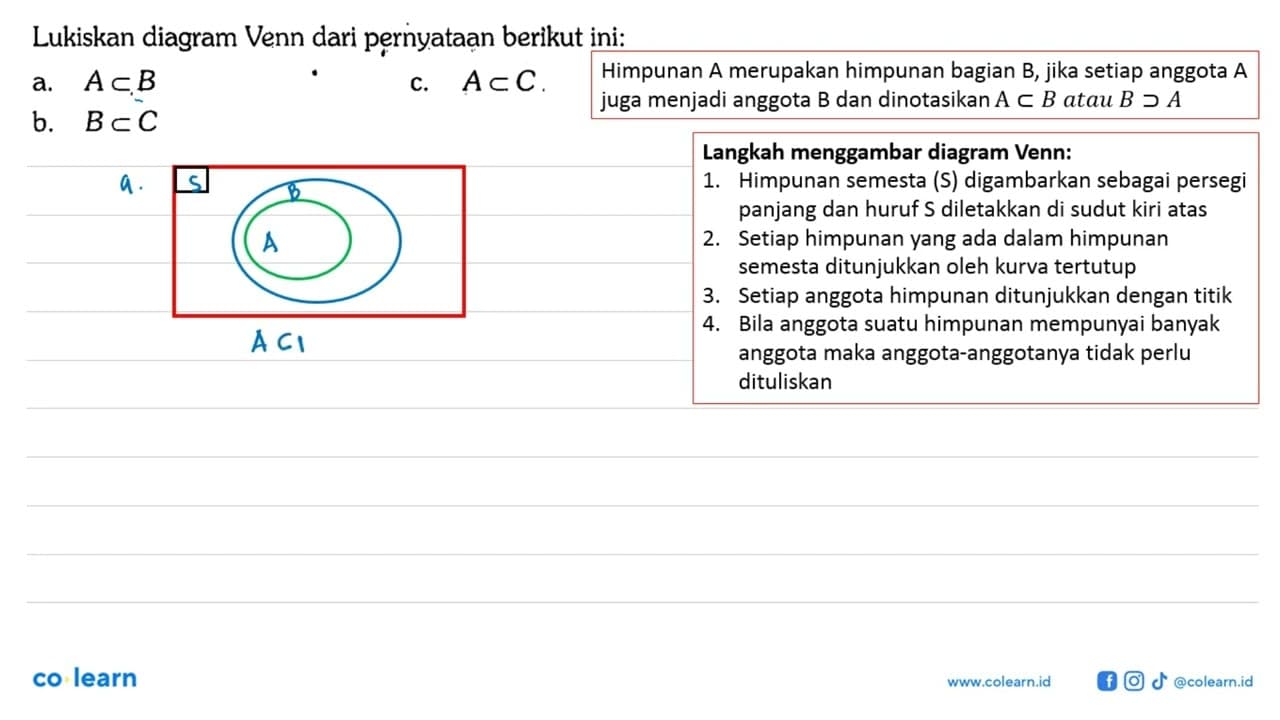 Lukiskan diagram Venn dari pernyataan berikut ini: a. A c B